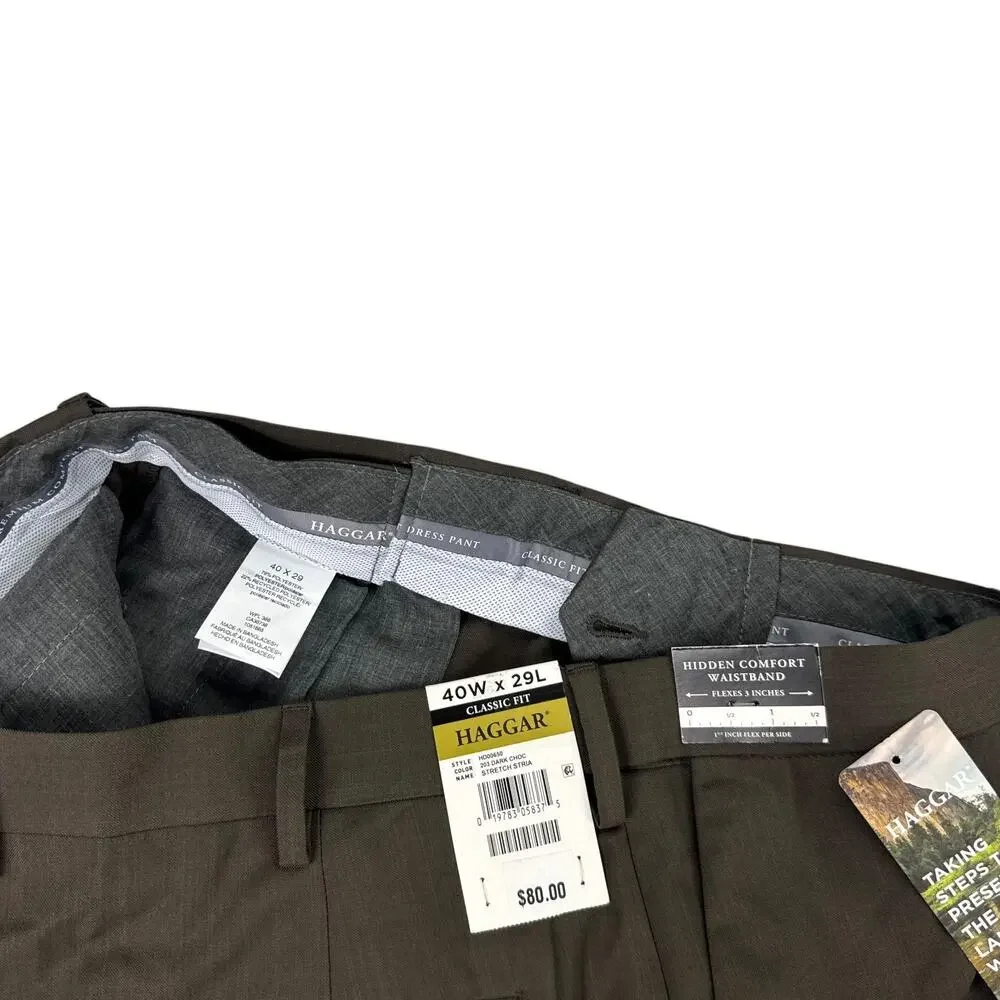 Haggar Mens Premium Comfort Classic Fit Flat Front Dress Pants Brown 40x29